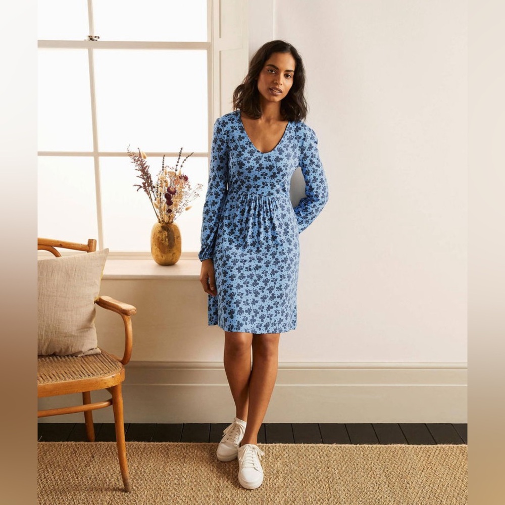 Boden “Hattie” Blue Clover Print Long Sleeve Jersey Dress, Size 6R
